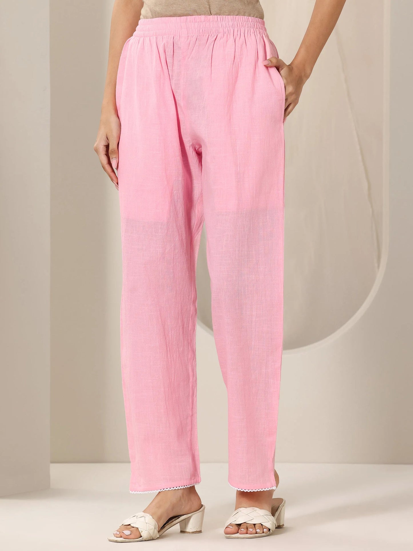 Pink Embroidered Cotton Straight Suit Set With Dupatta