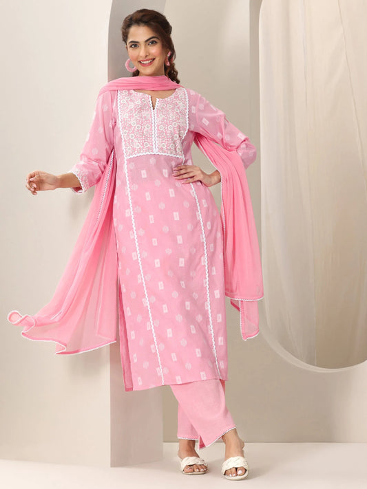 Pink Embroidered Cotton Straight Suit Set With Dupatta