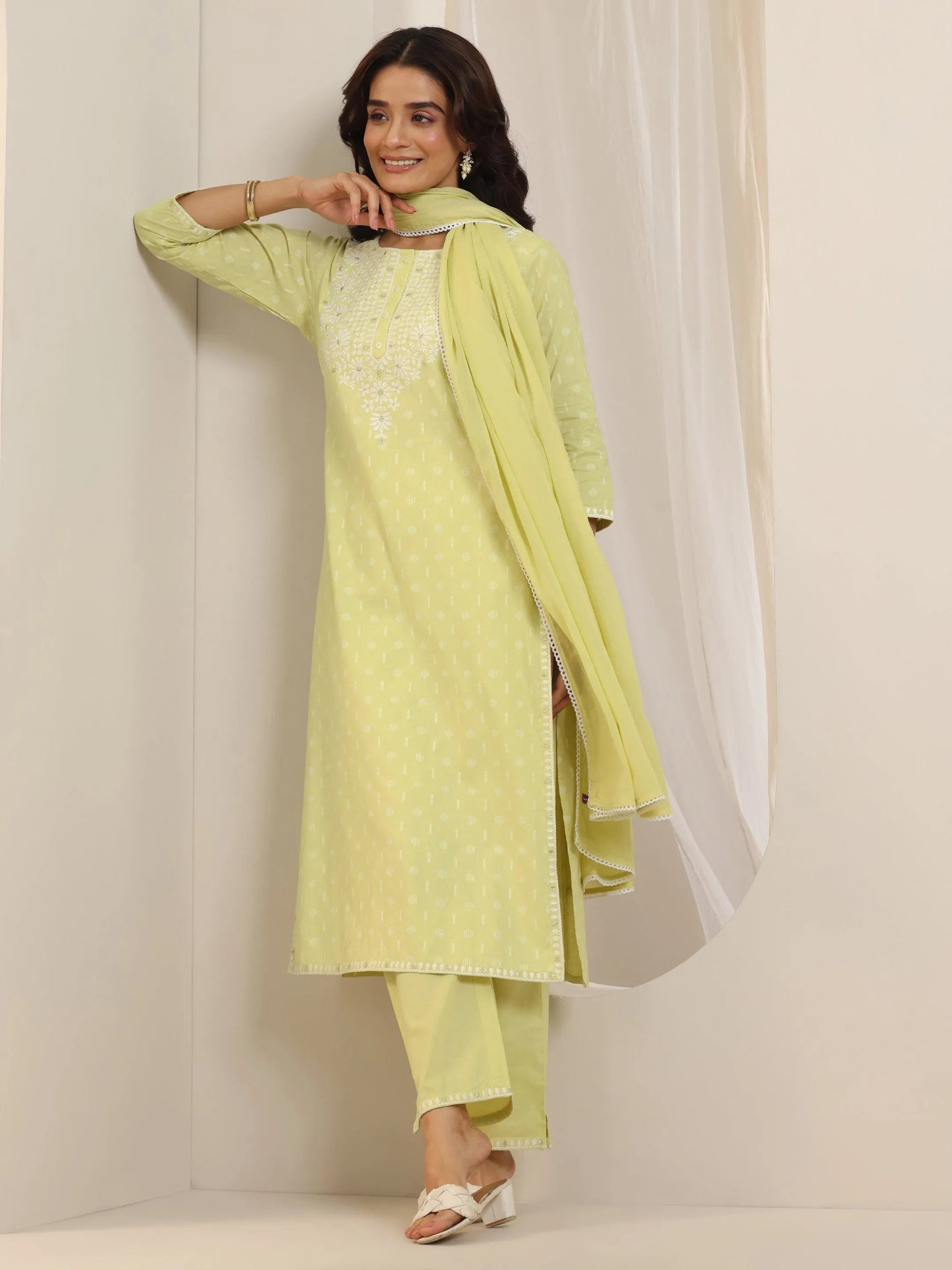 Lime Green Embroidered Cotton Straight Suit Set With Dupatta