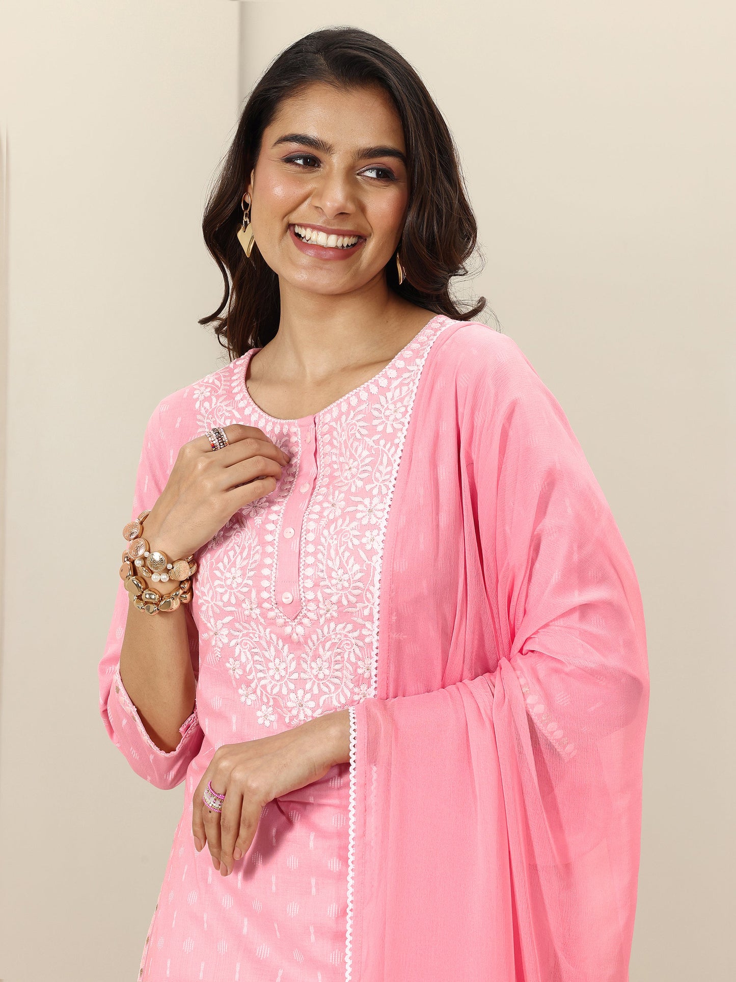 Pink Embroidered Cotton Straight Suit Sets With Dupatta