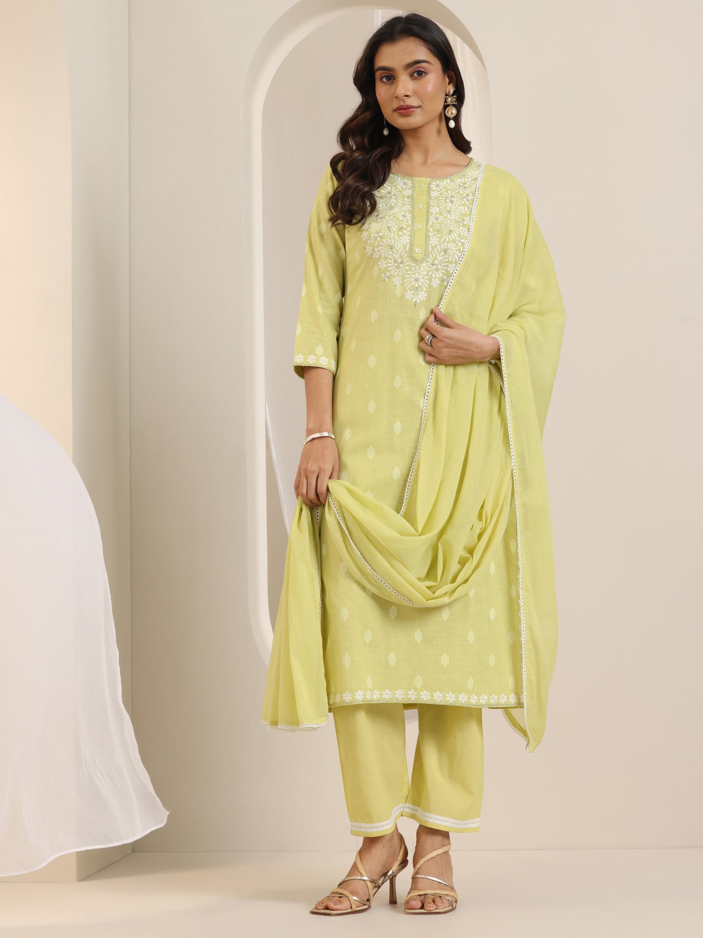 Lime Green Embroidered Cotton Straight Suit Set With Dupatta
