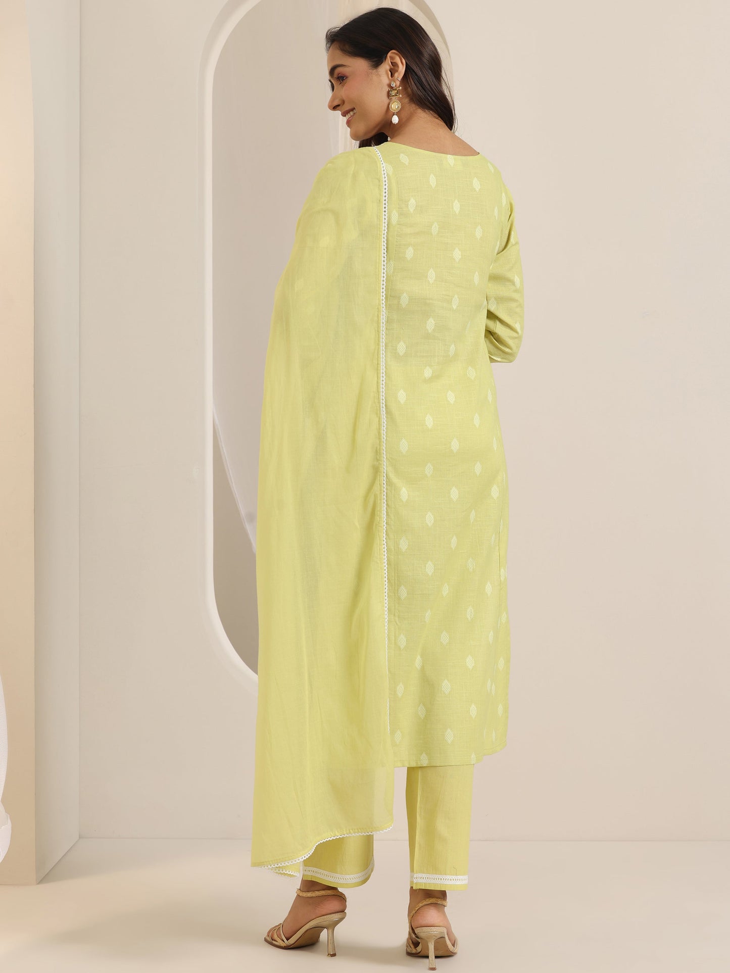 Lime Green Embroidered Cotton Straight Suit Set With Dupatta