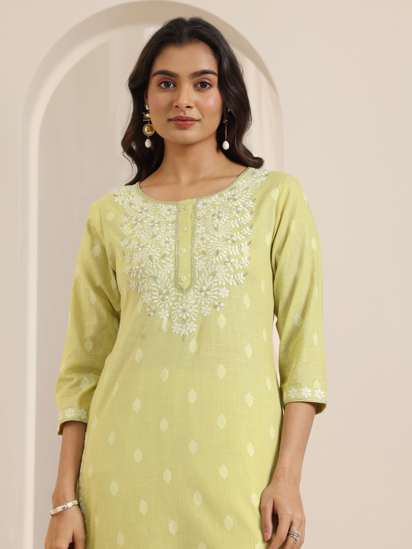 Lime Green Embroidered Cotton Straight Suit Set With Dupatta