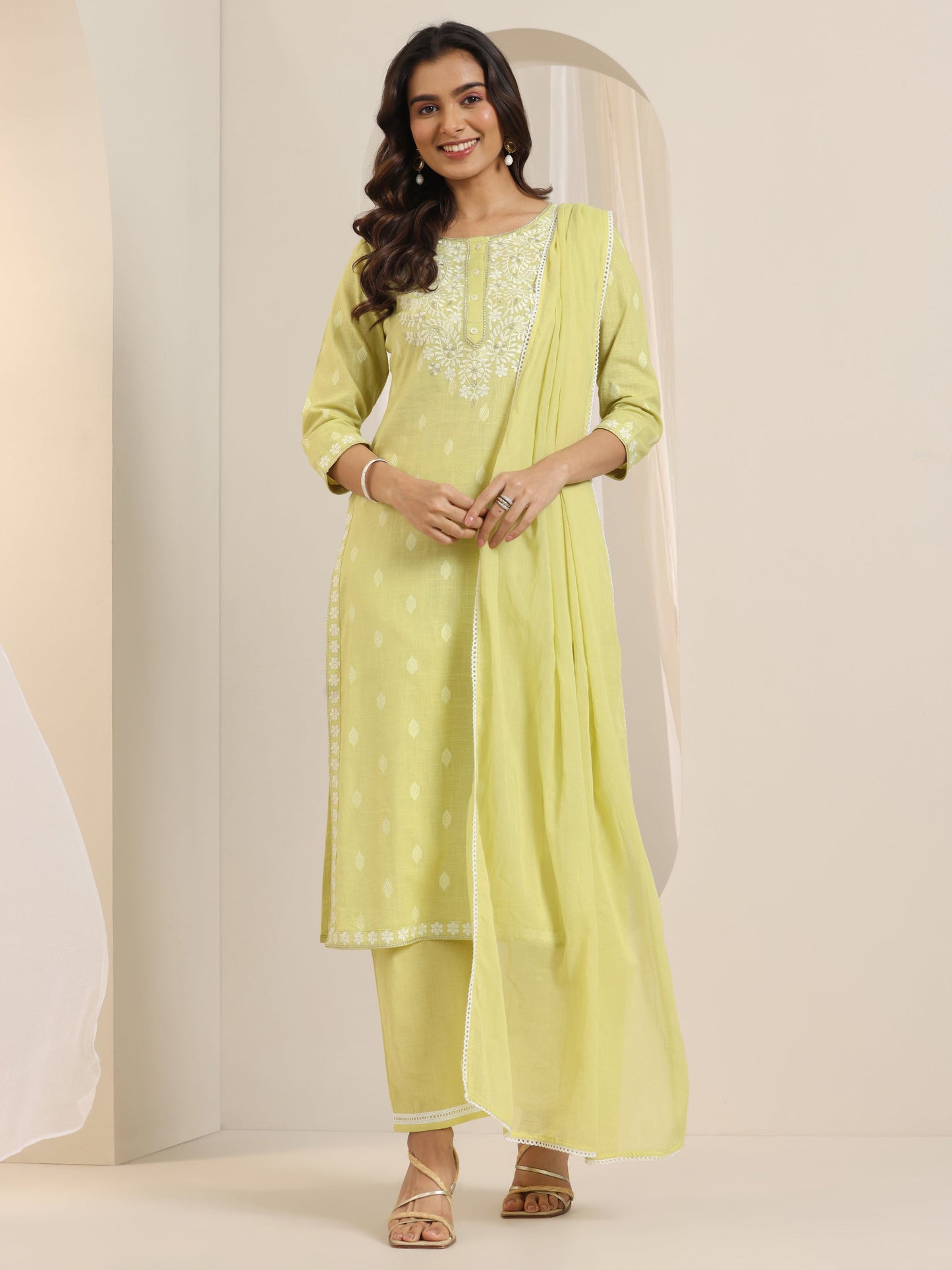 Lime Green Embroidered Cotton Straight Suit Set With Dupatta