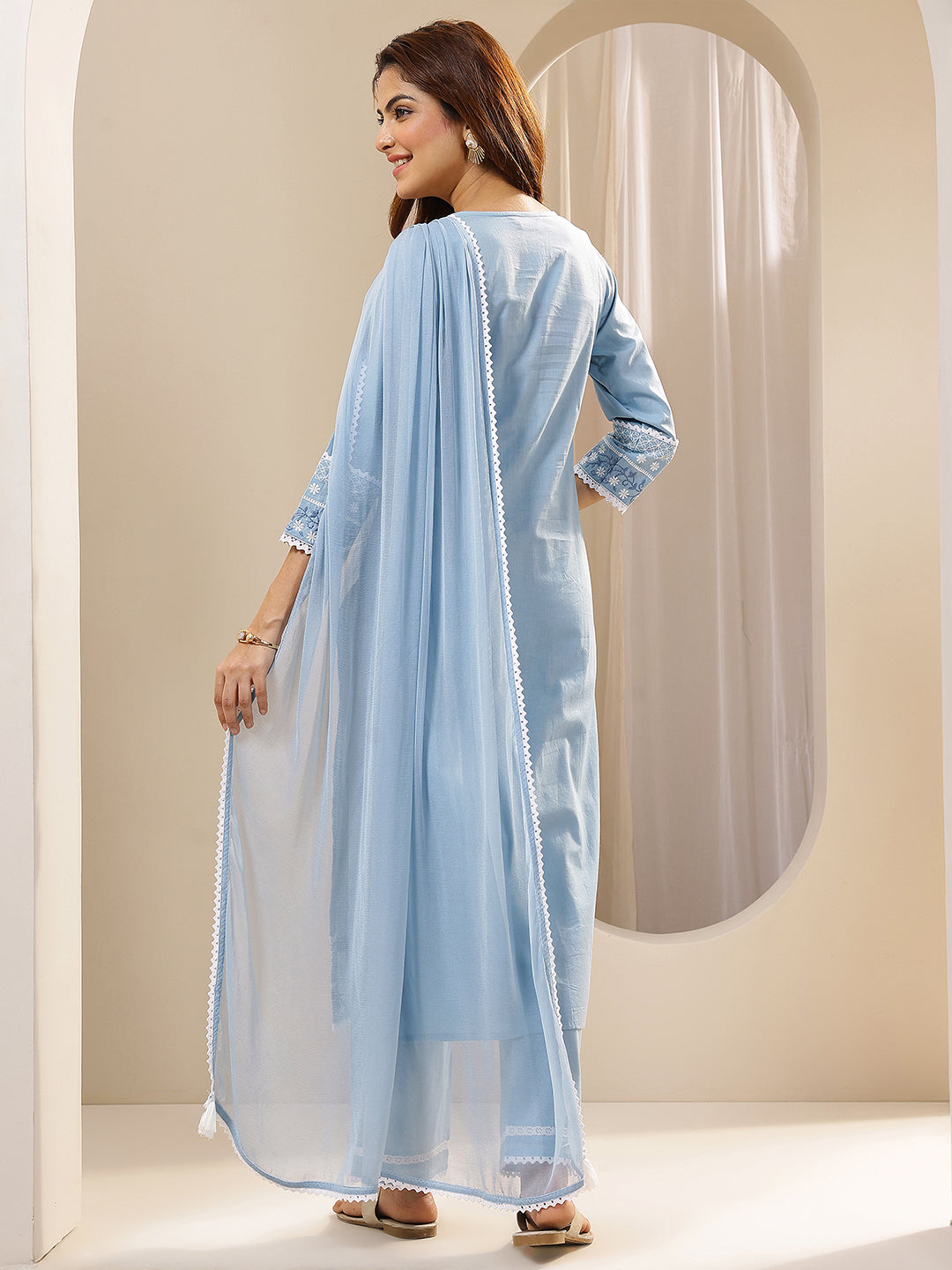 Blue Embroidered Cotton Straight Suit Sets With Dupatta