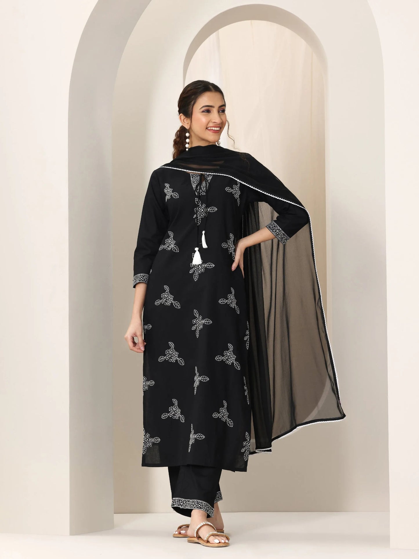Black Embroidered Cotton Straight Suit Set With Dupatta