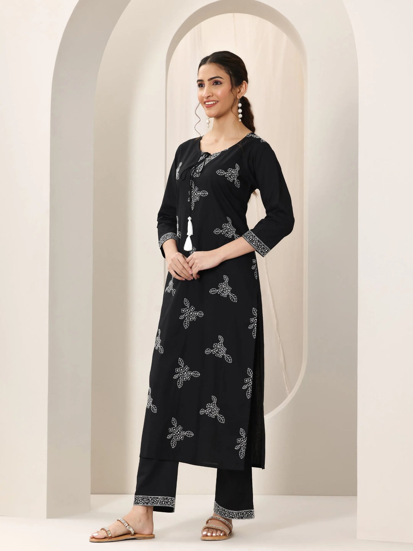 Black Embroidered Cotton Straight Suit Set With Dupatta