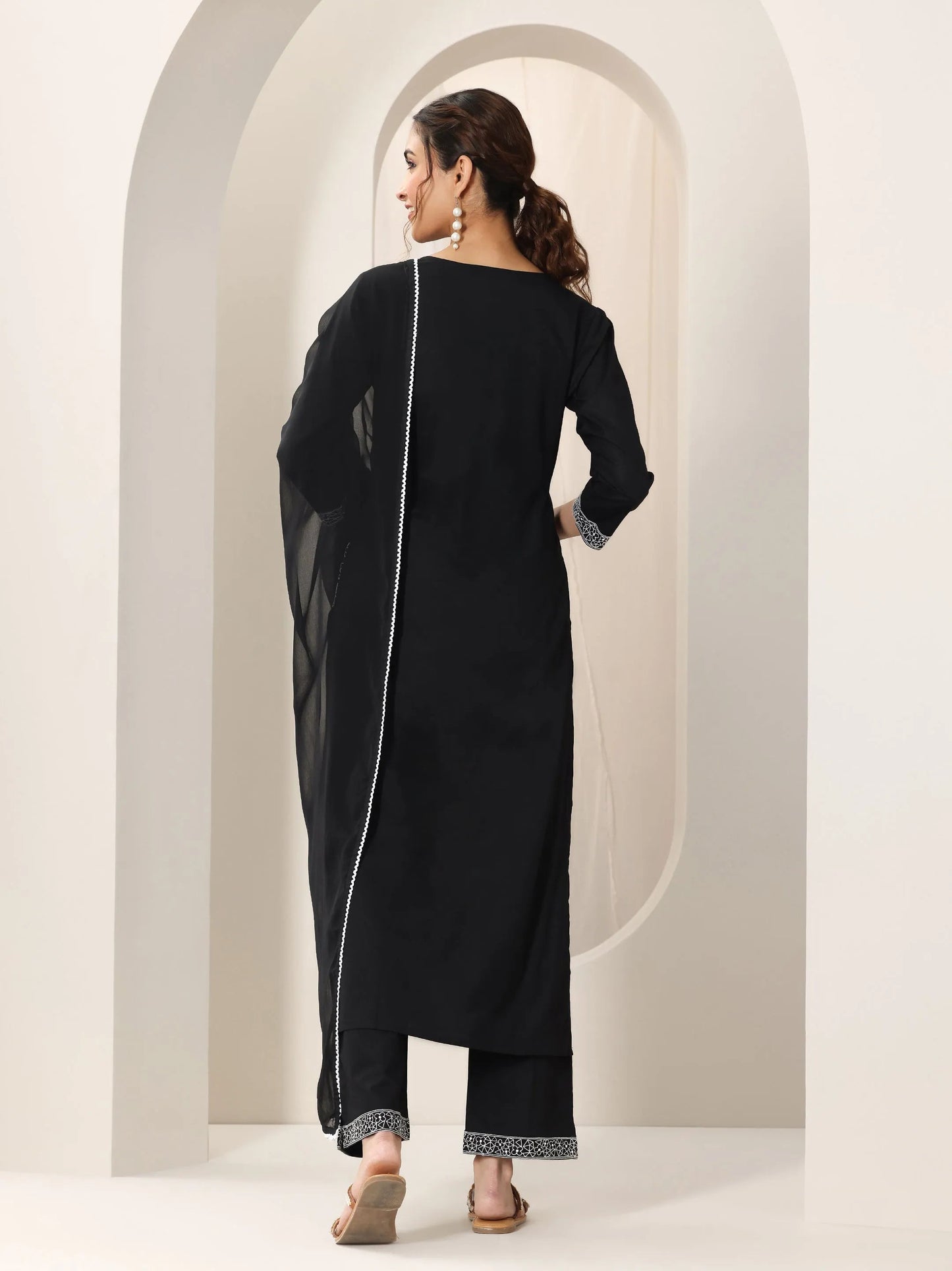 Black Embroidered Cotton Straight Suit Set With Dupatta