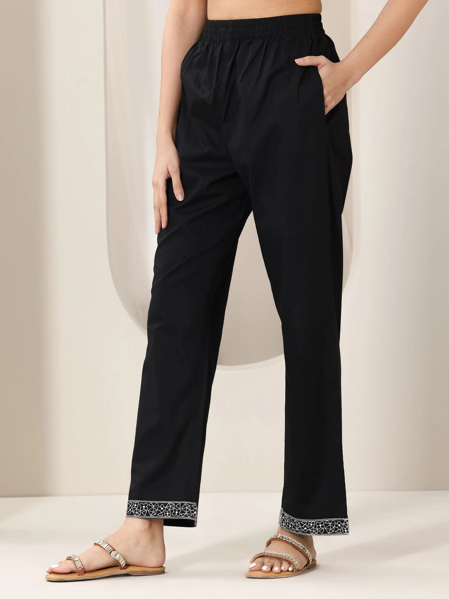 Black Embroidered Cotton Straight Suit Set With Dupatta