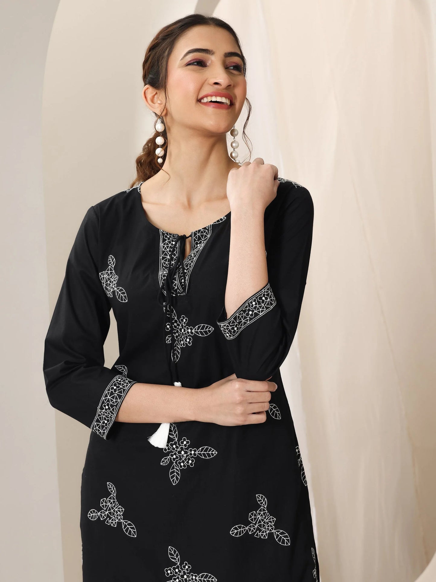 Black Embroidered Cotton Straight Suit Set With Dupatta