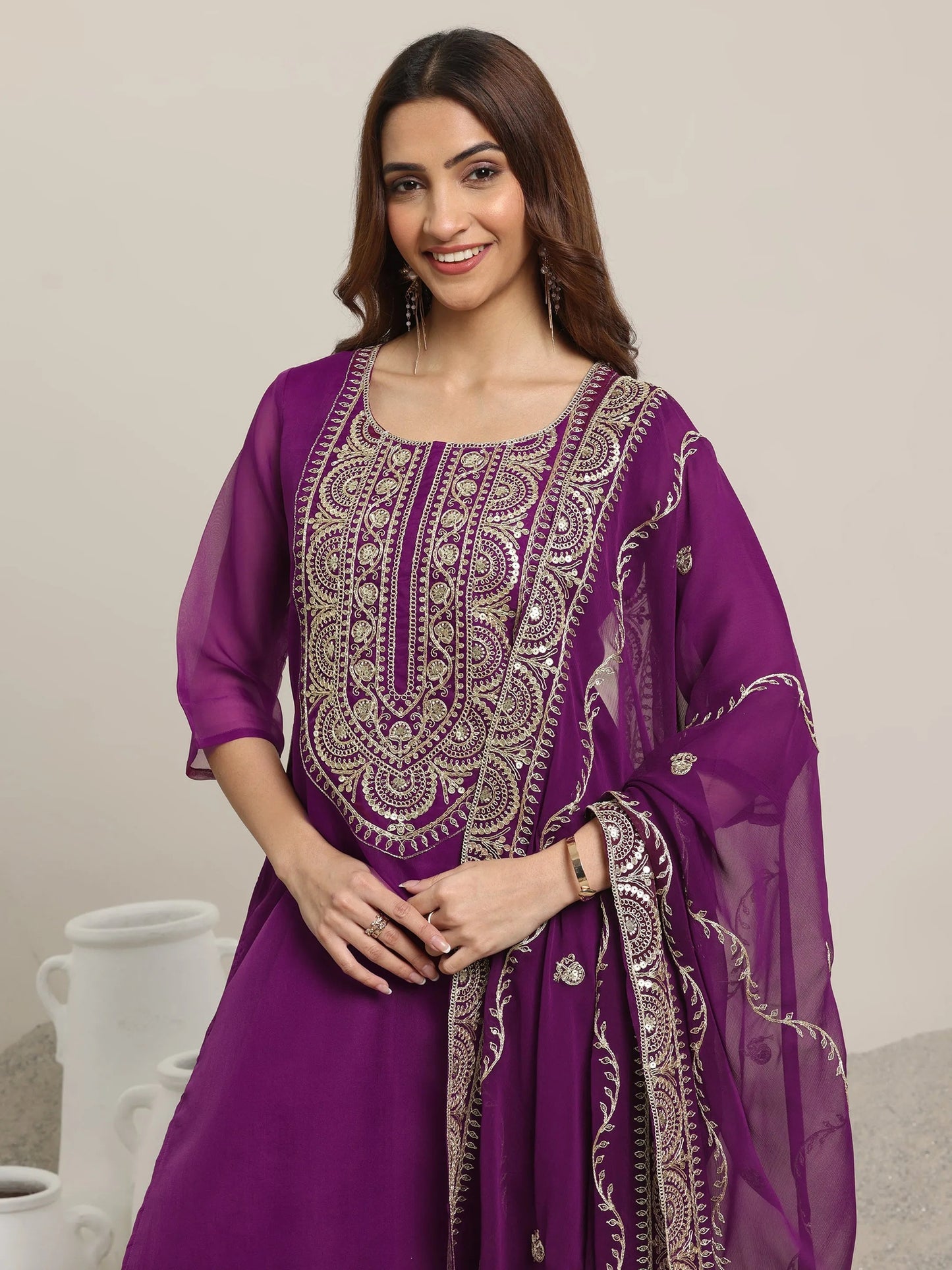 Burgundy Yoke Design Organza Straight Suit Set With Dupatta