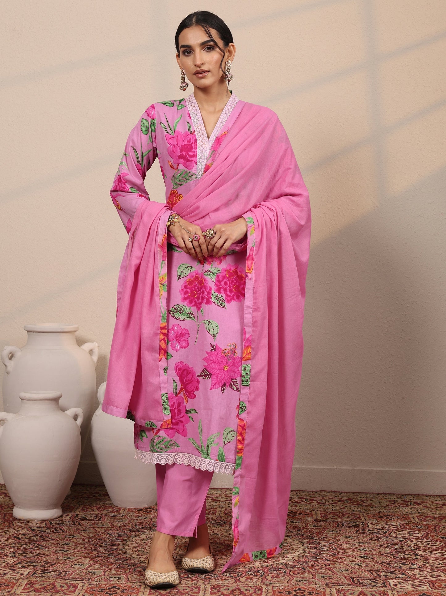 Pink Printed Cotton Blend  Straight Suit Set With Dupatta