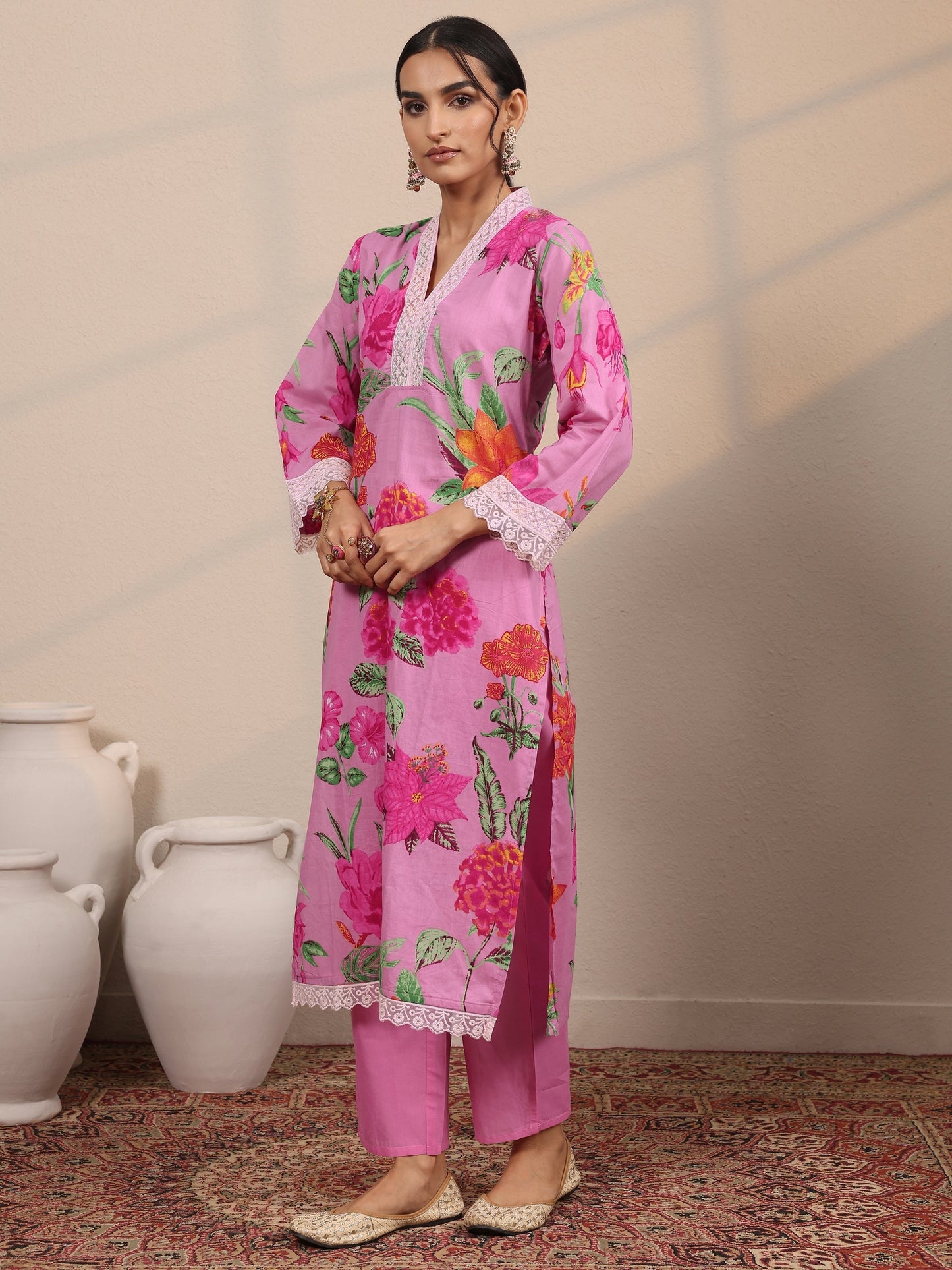 Pink Printed Cotton Blend  Straight Suit Set With Dupatta