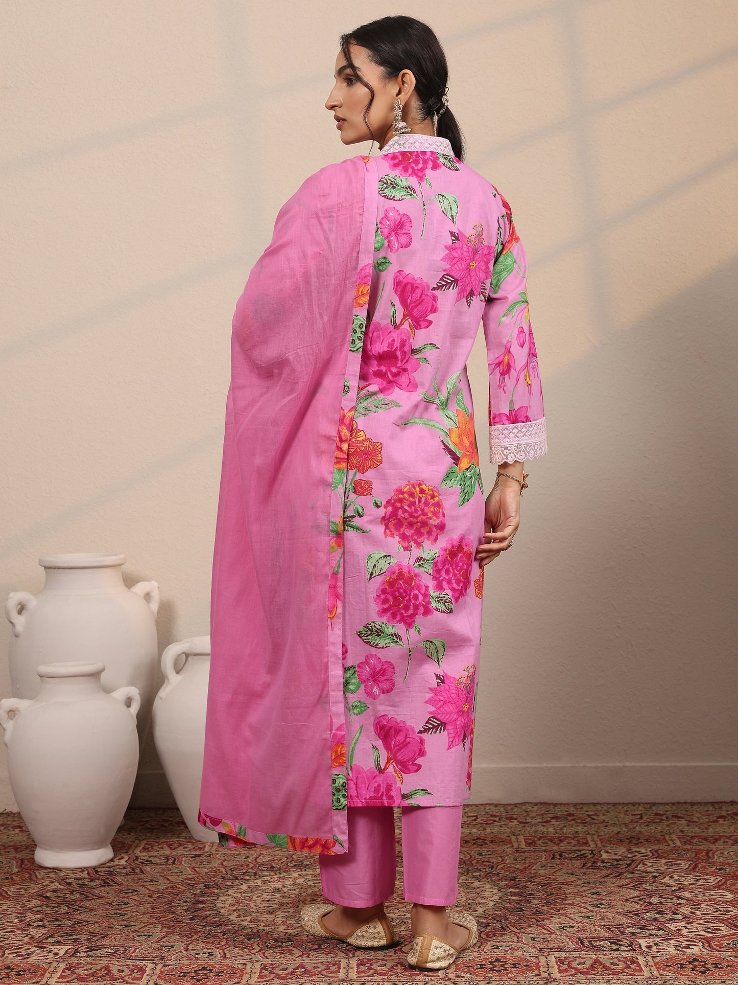 Pink Printed Cotton Blend  Straight Suit Set With Dupatta
