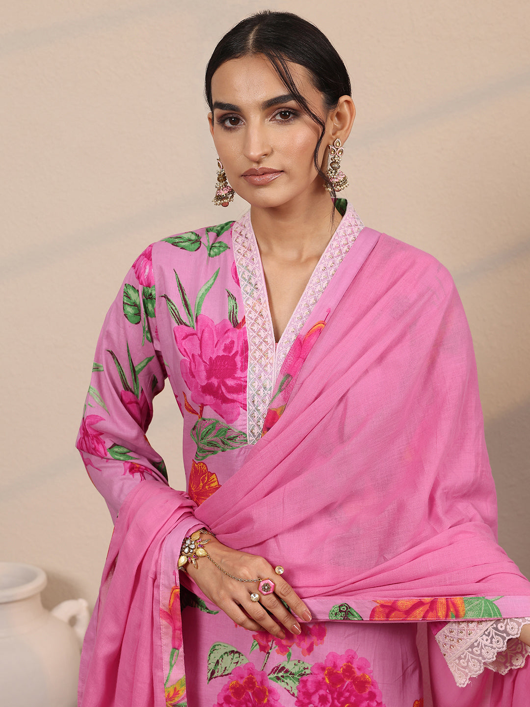 Pink Printed Cotton Blend  Straight Suit Set With Dupatta