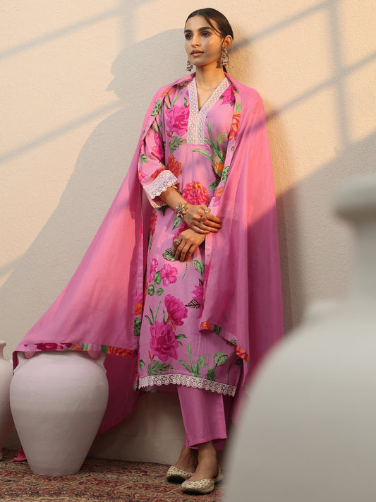 Pink Printed Cotton Blend  Straight Suit Set With Dupatta