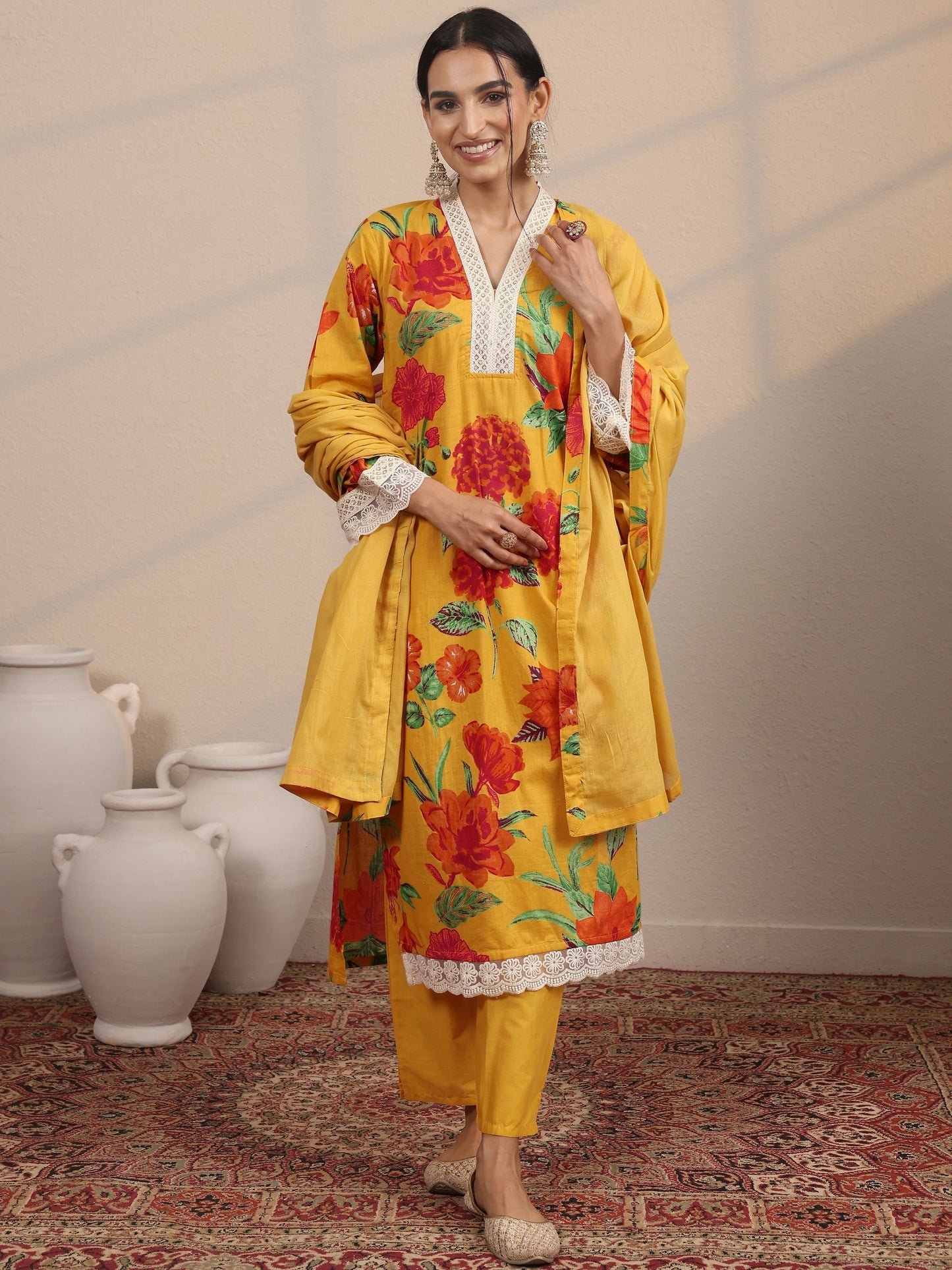 Yellow Printed Cotton Blend  Straight Suit Set With Dupatta