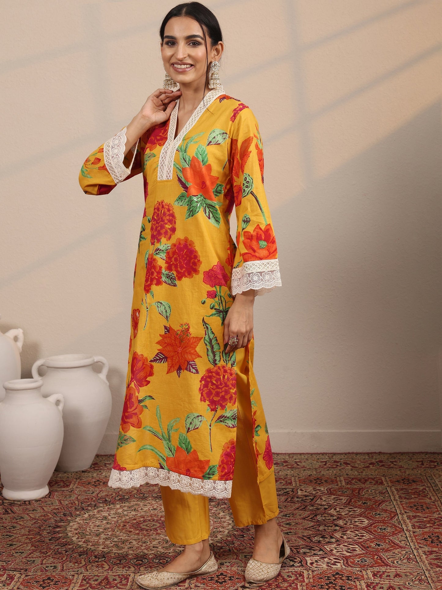 Yellow Printed Cotton Blend  Straight Suit Set With Dupatta