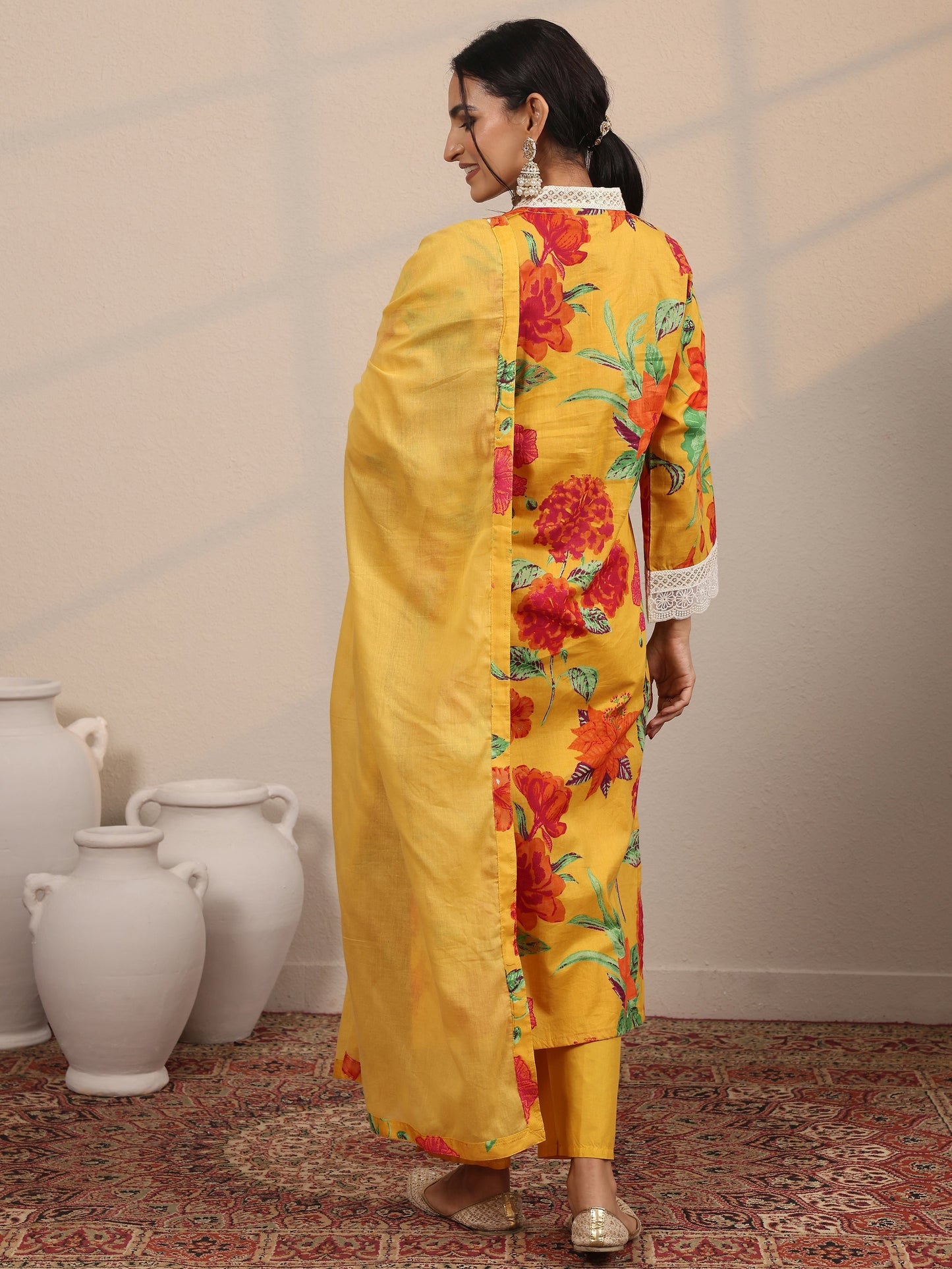 Yellow Printed Cotton Blend  Straight Suit Set With Dupatta