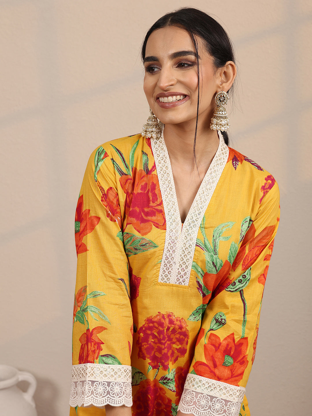 Yellow Printed Cotton Blend  Straight Suit Set With Dupatta