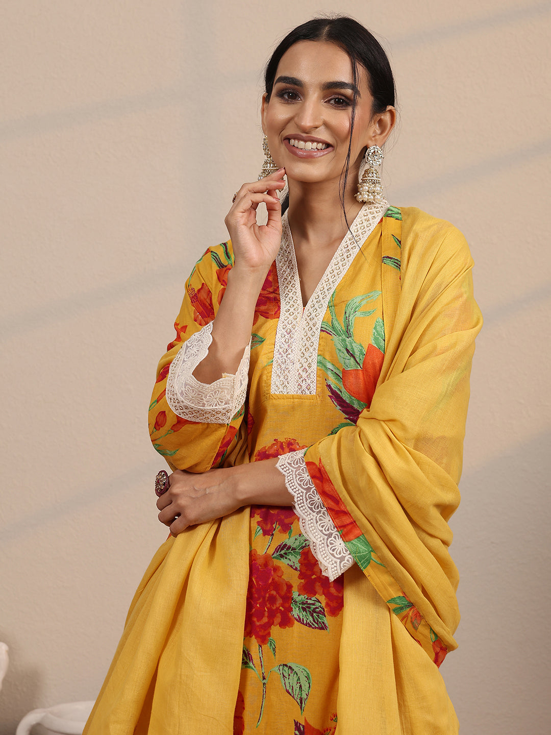 Yellow Printed Cotton Blend  Straight Suit Set With Dupatta