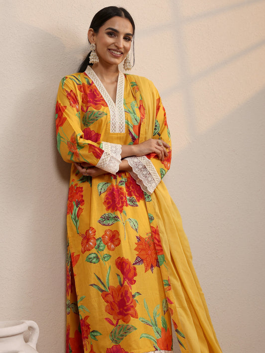 Yellow Printed Cotton Blend  Straight Suit Set With Dupatta