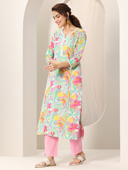 Turquoise Blue Printed Cotton Straight Suit Set With Dupatta