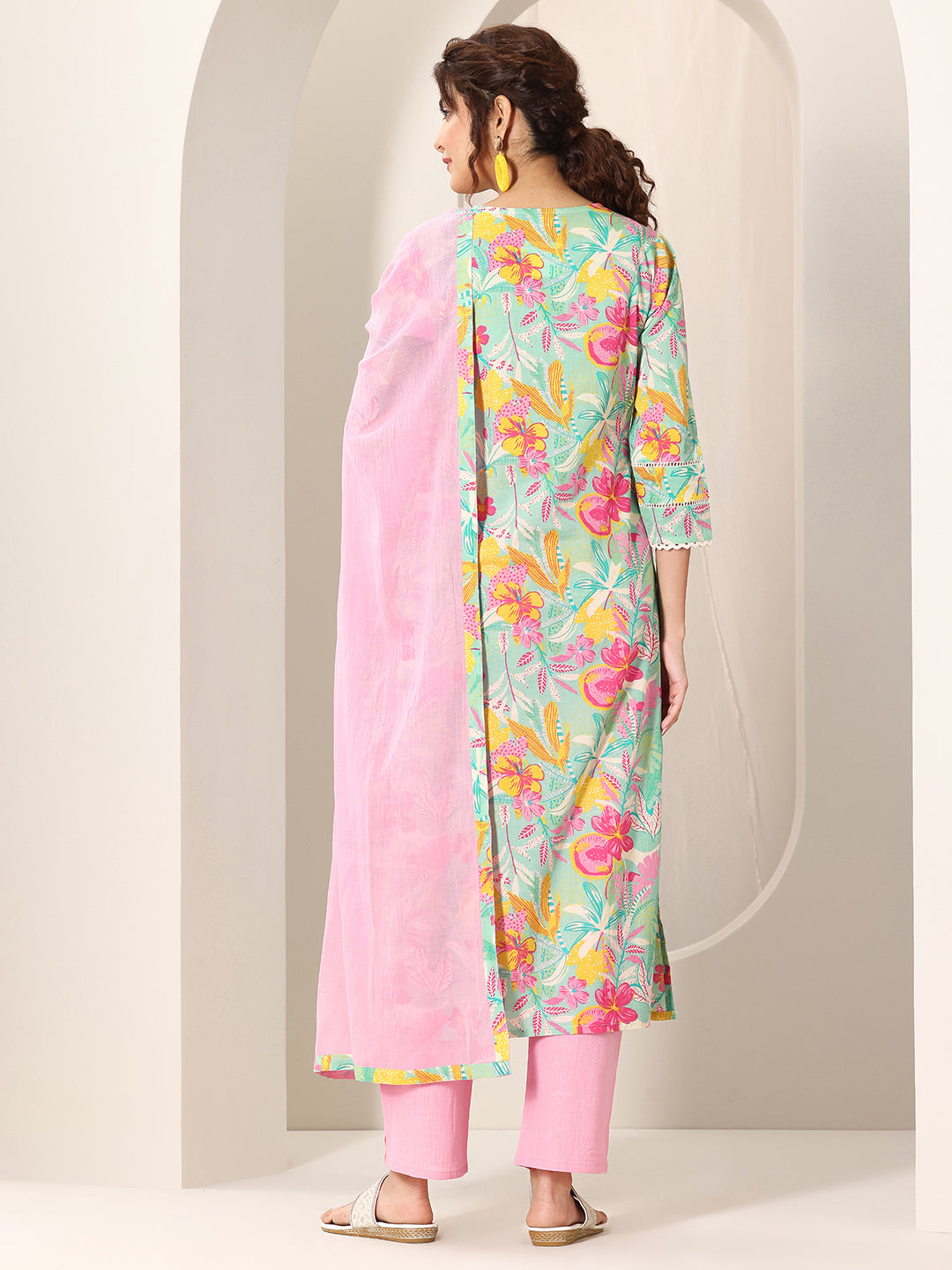 Turquoise Blue Printed Cotton Straight Suit Set With Dupatta