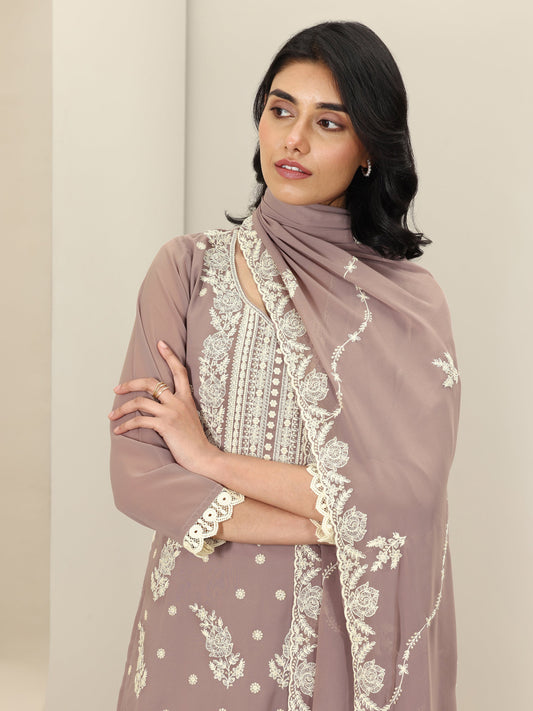 Mauve Embroidered Georgette Straight Suit Sets With Dupatta
