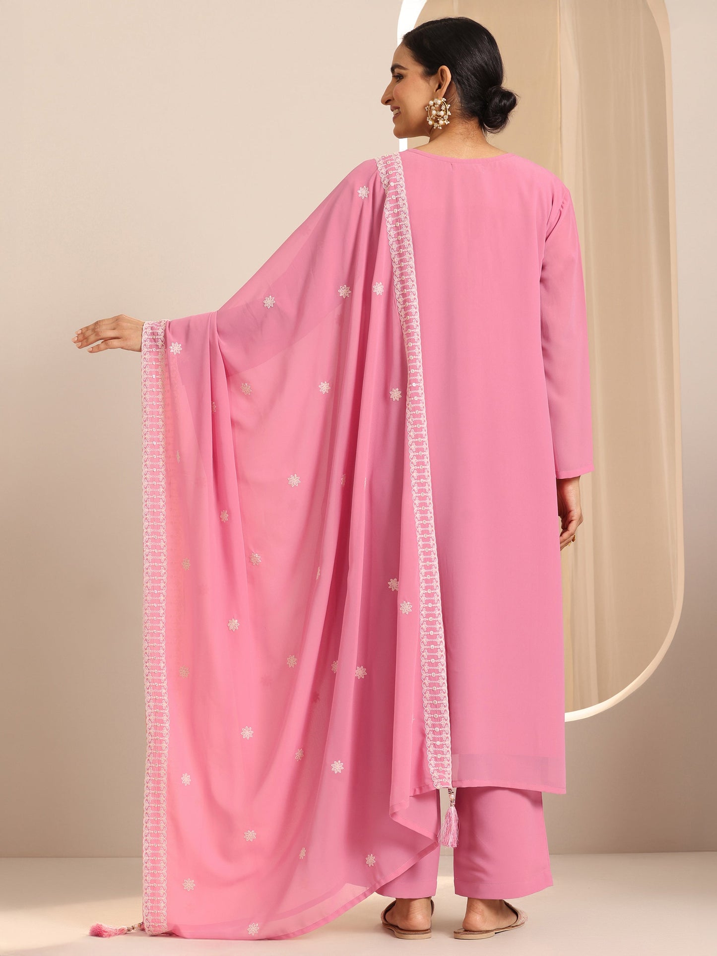 Pink Embroidered Georgette Straight Suit Set With Dupatta