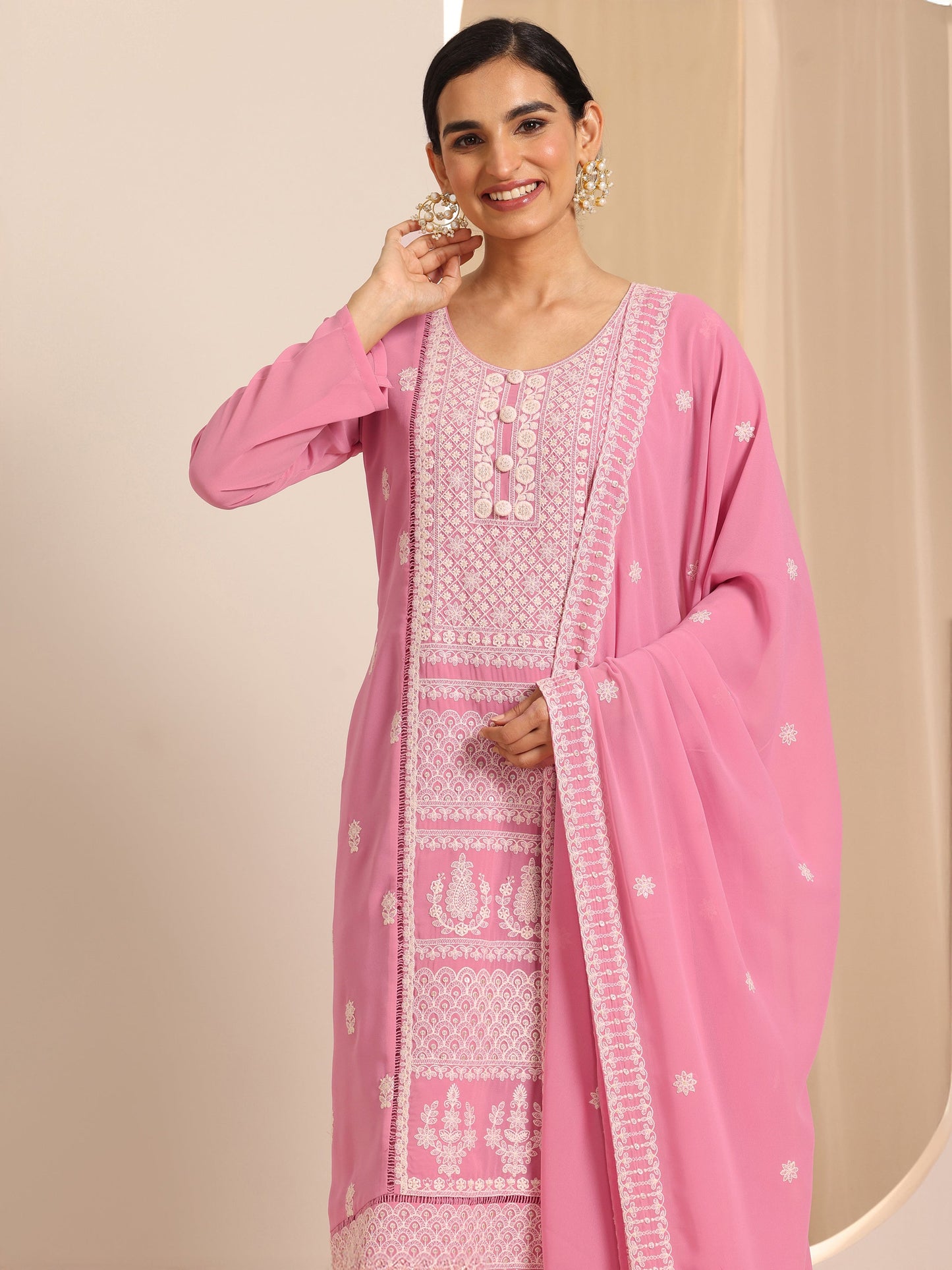 Pink Embroidered Georgette Straight Suit Set With Dupatta