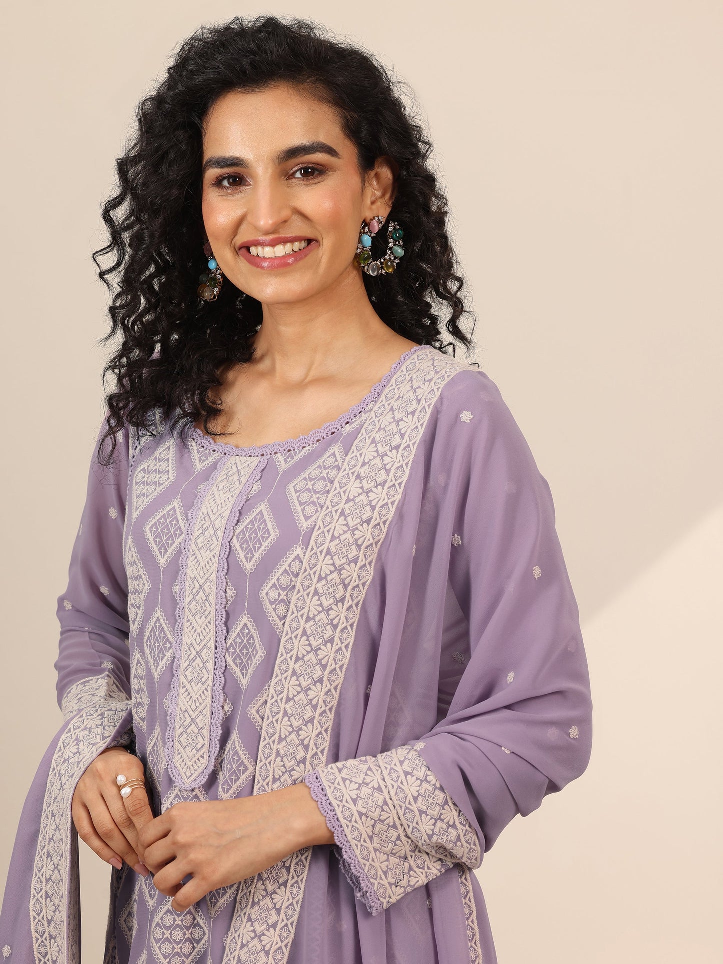 Libas Art Mauve Embroidered Georgette Straight Suit Set With Dupatta