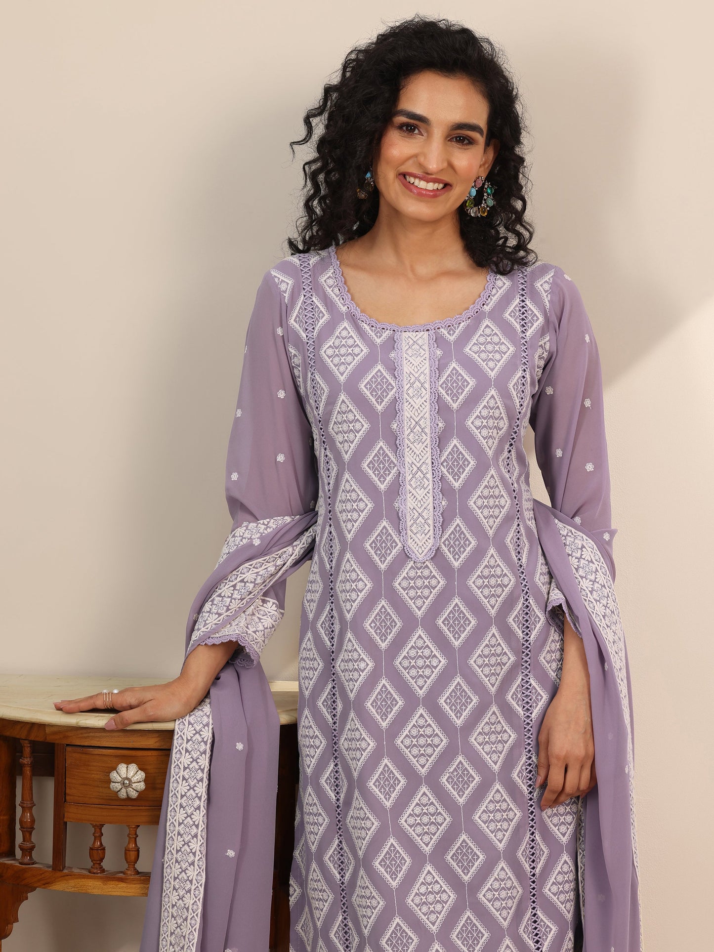 Libas Art Mauve Embroidered Georgette Straight Suit Set With Dupatta