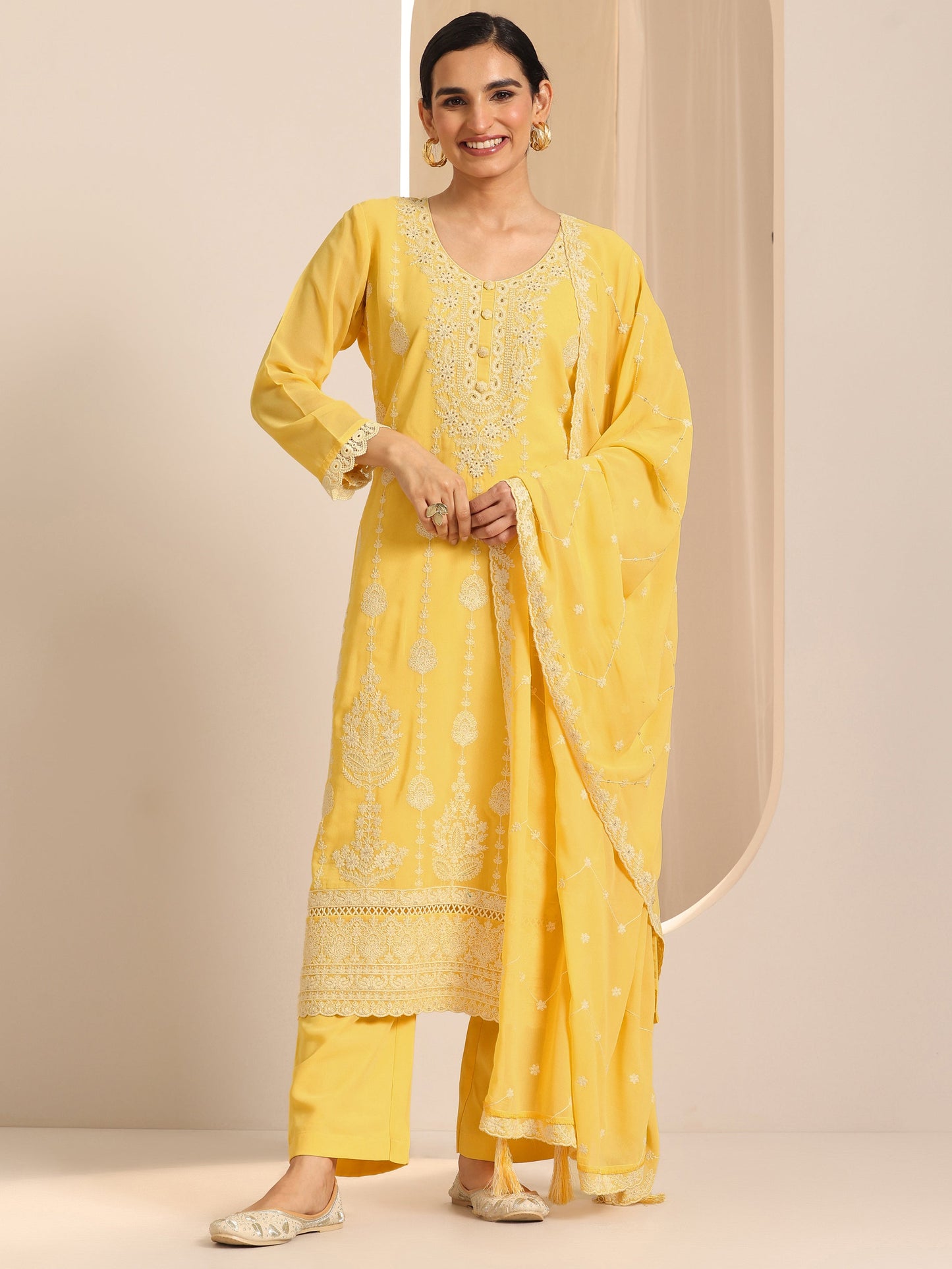 Yellow Embroidered Georgette Straight Suit Set With Dupatta
