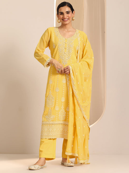 Yellow Embroidered Georgette Straight Suit Set With Dupatta