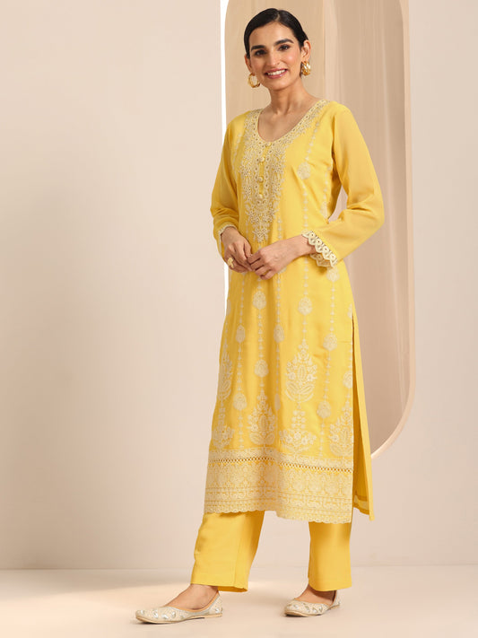 Yellow Embroidered Georgette Straight Suit Set With Dupatta