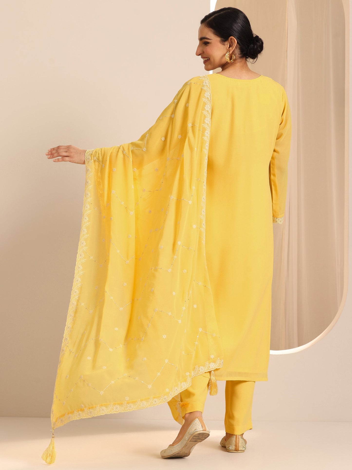 Yellow Embroidered Georgette Straight Suit Set With Dupatta