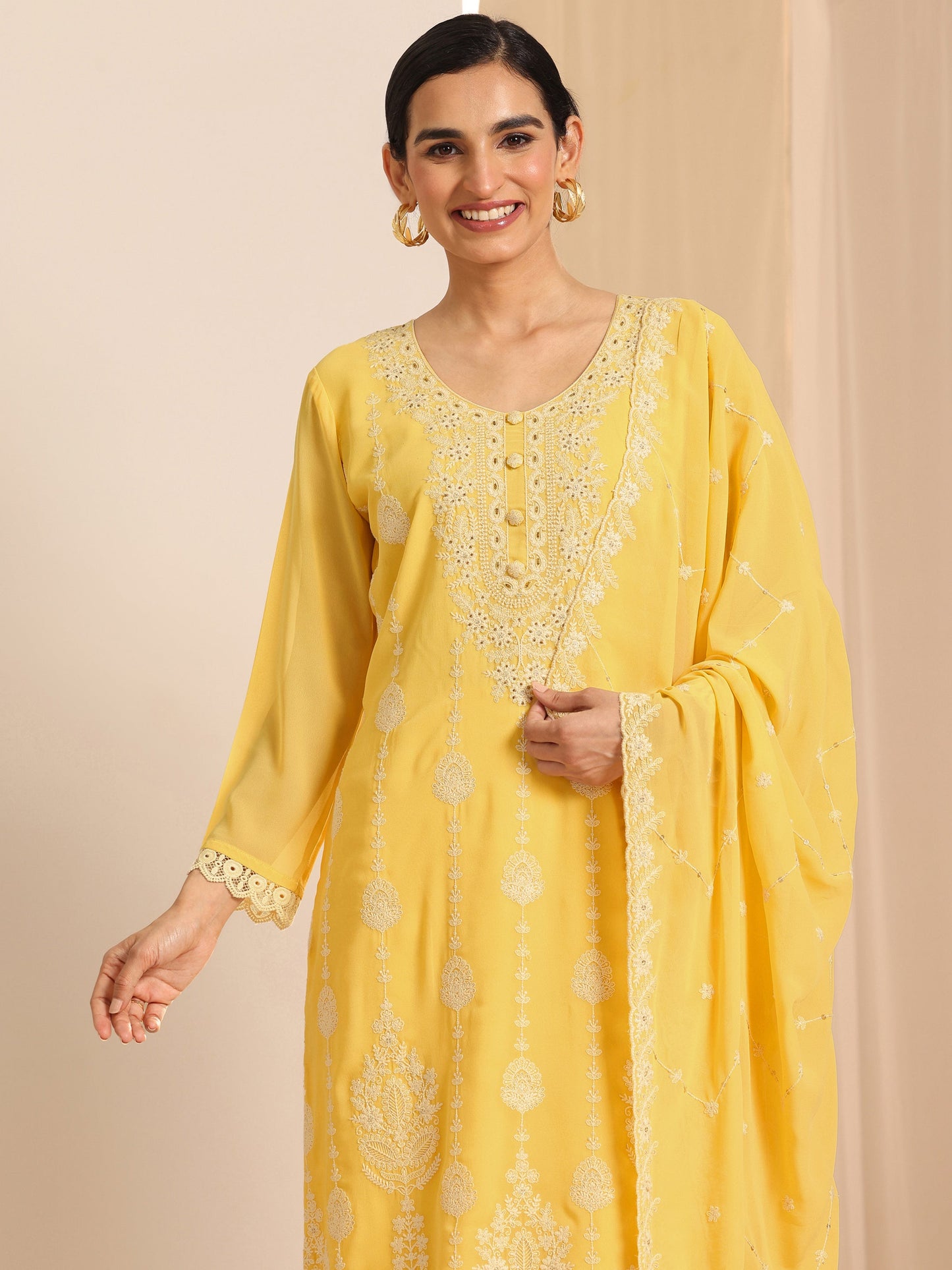 Yellow Embroidered Georgette Straight Suit Set With Dupatta