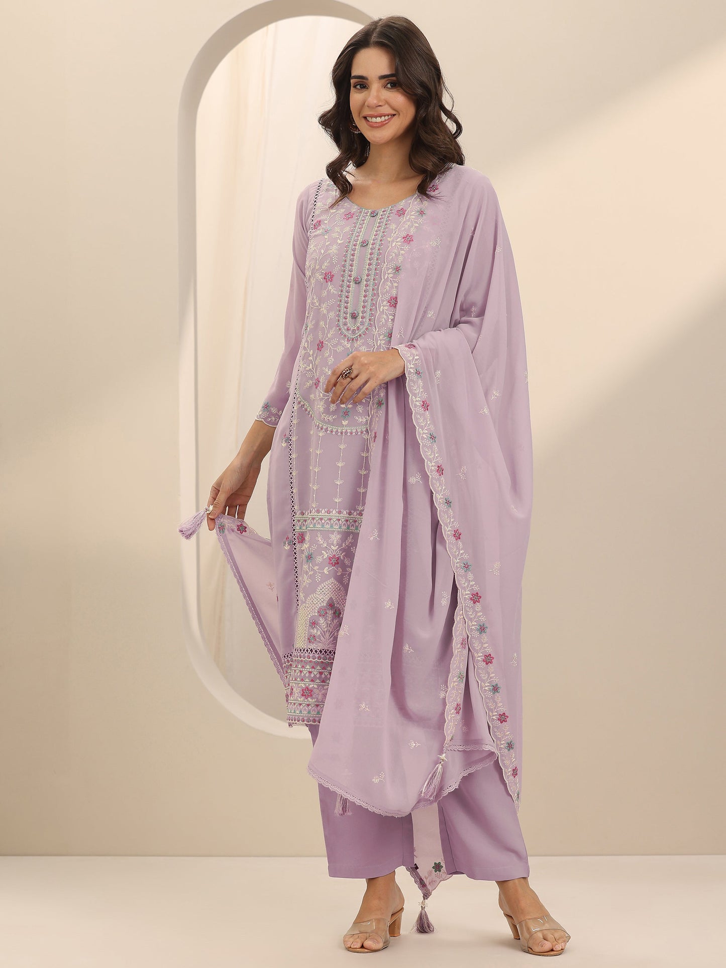 Mauve Embroidered Georgette Straight Suit Set With Dupatta