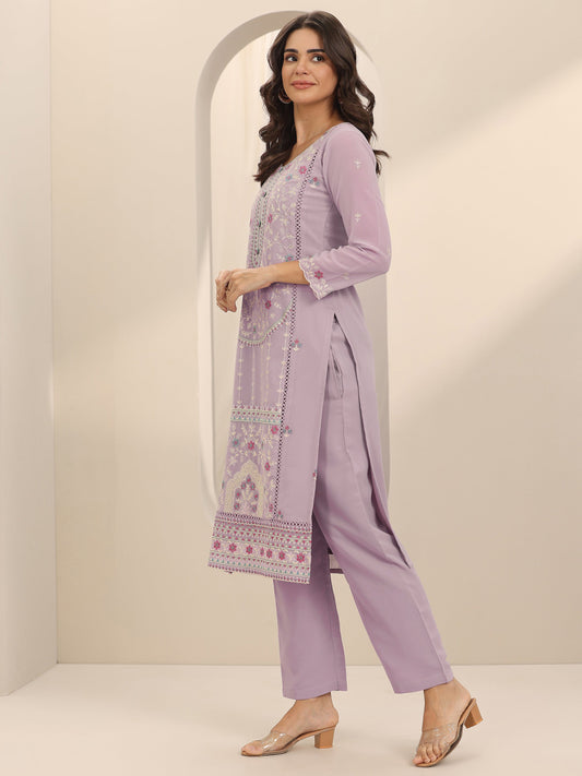 Mauve Embroidered Georgette Straight Suit Set With Dupatta