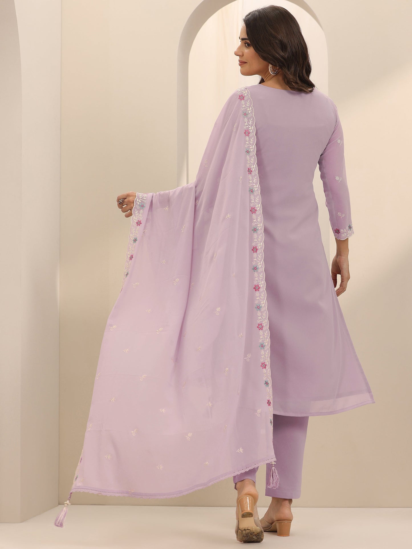 Mauve Embroidered Georgette Straight Suit Set With Dupatta