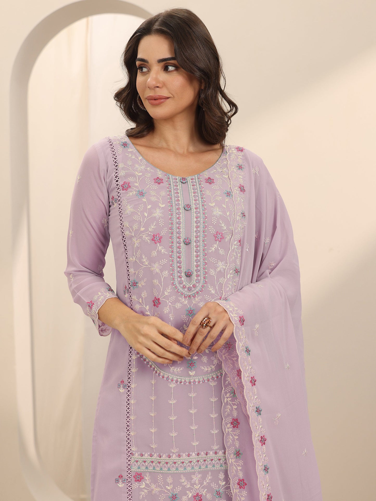Mauve Embroidered Georgette Straight Suit Set With Dupatta