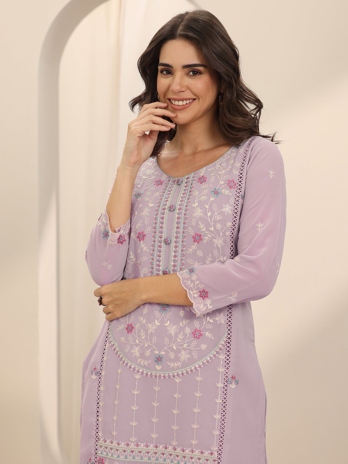 Mauve Embroidered Georgette Straight Suit Set With Dupatta