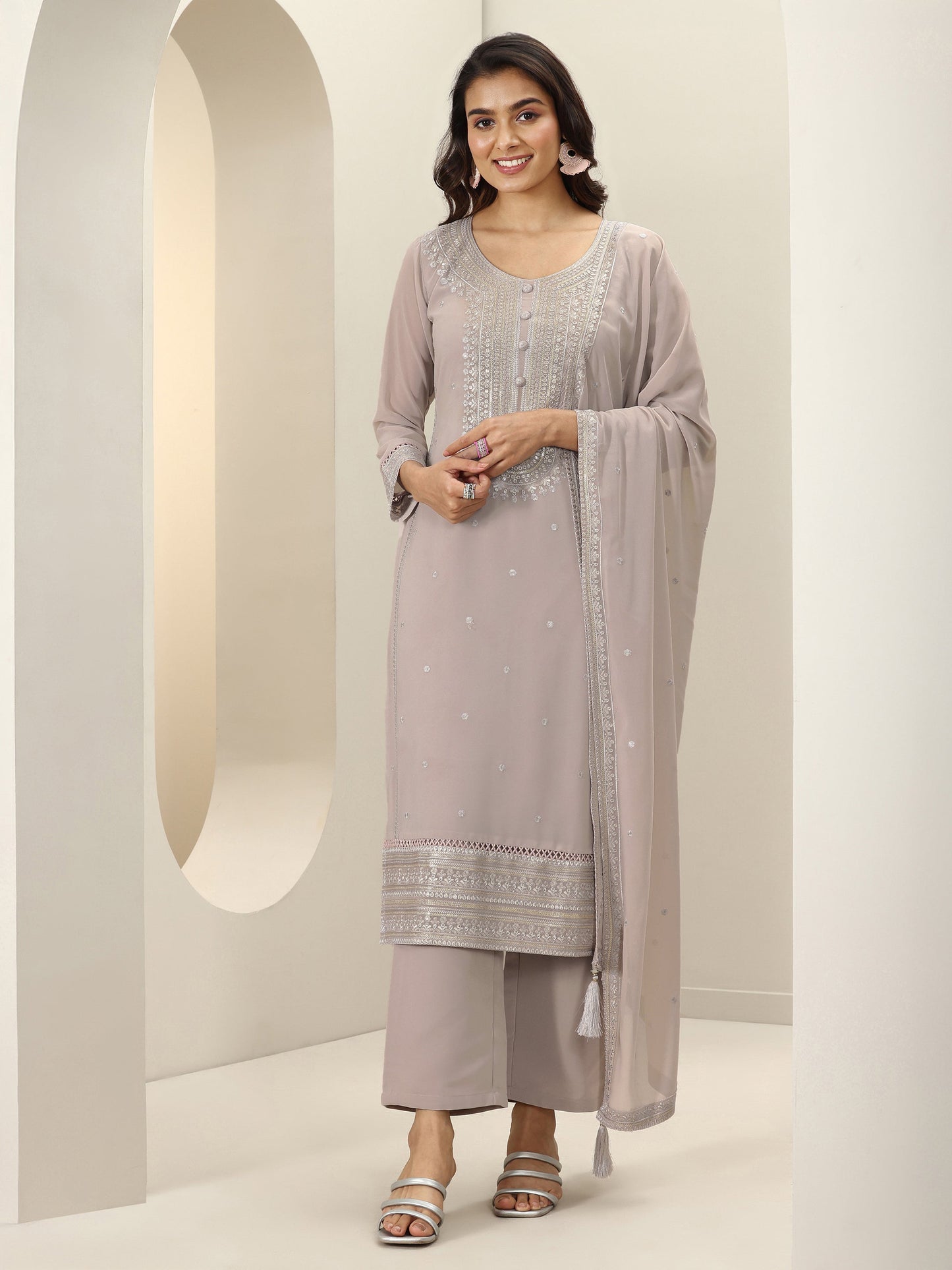 Grey Embroidered Georgette Straight Suit Sets With Dupatta