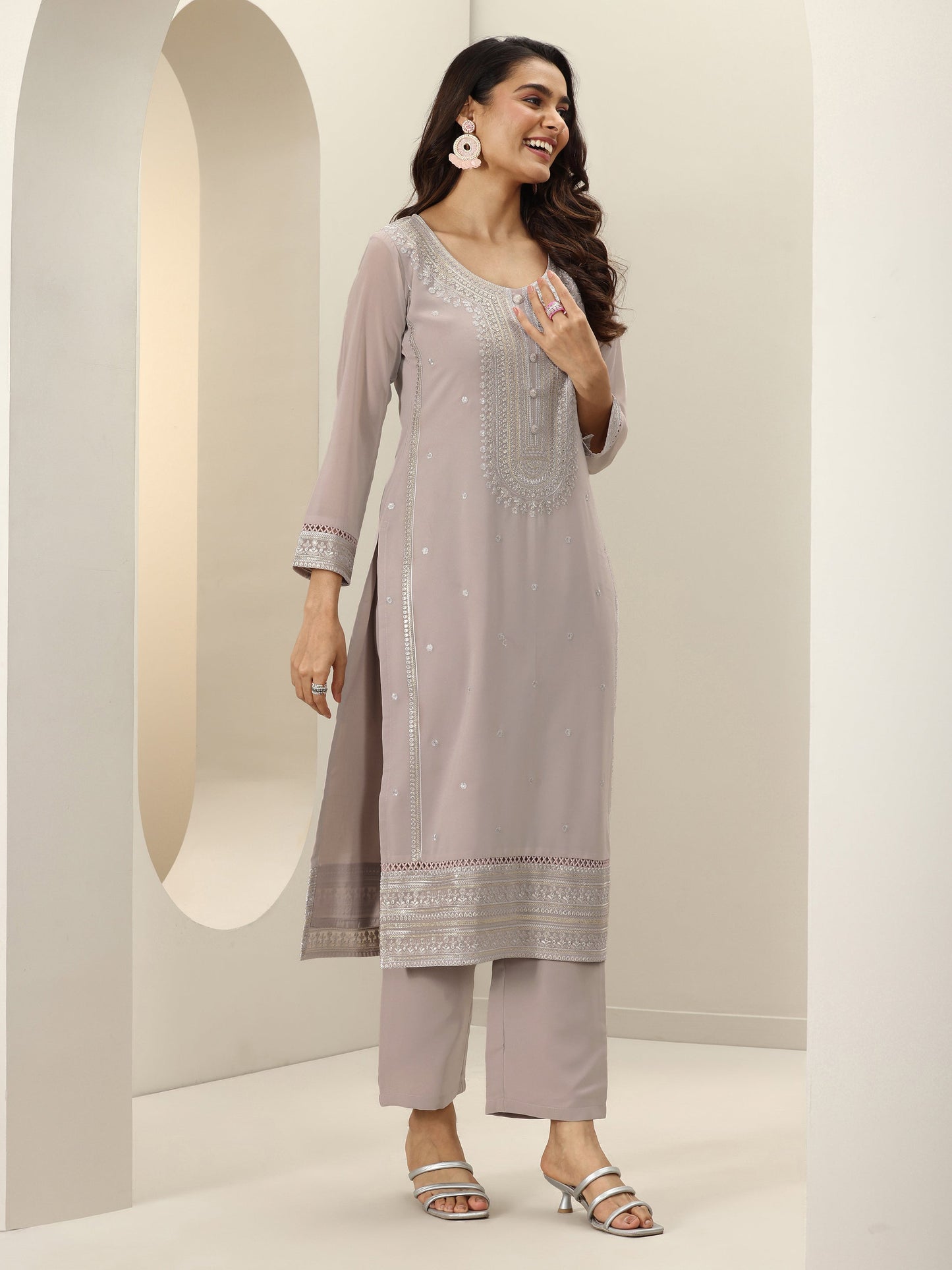 Grey Embroidered Georgette Straight Suit Sets With Dupatta