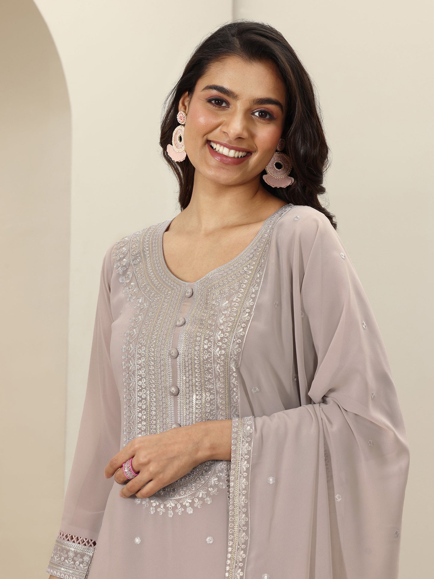 Grey Embroidered Georgette Straight Suit Sets With Dupatta