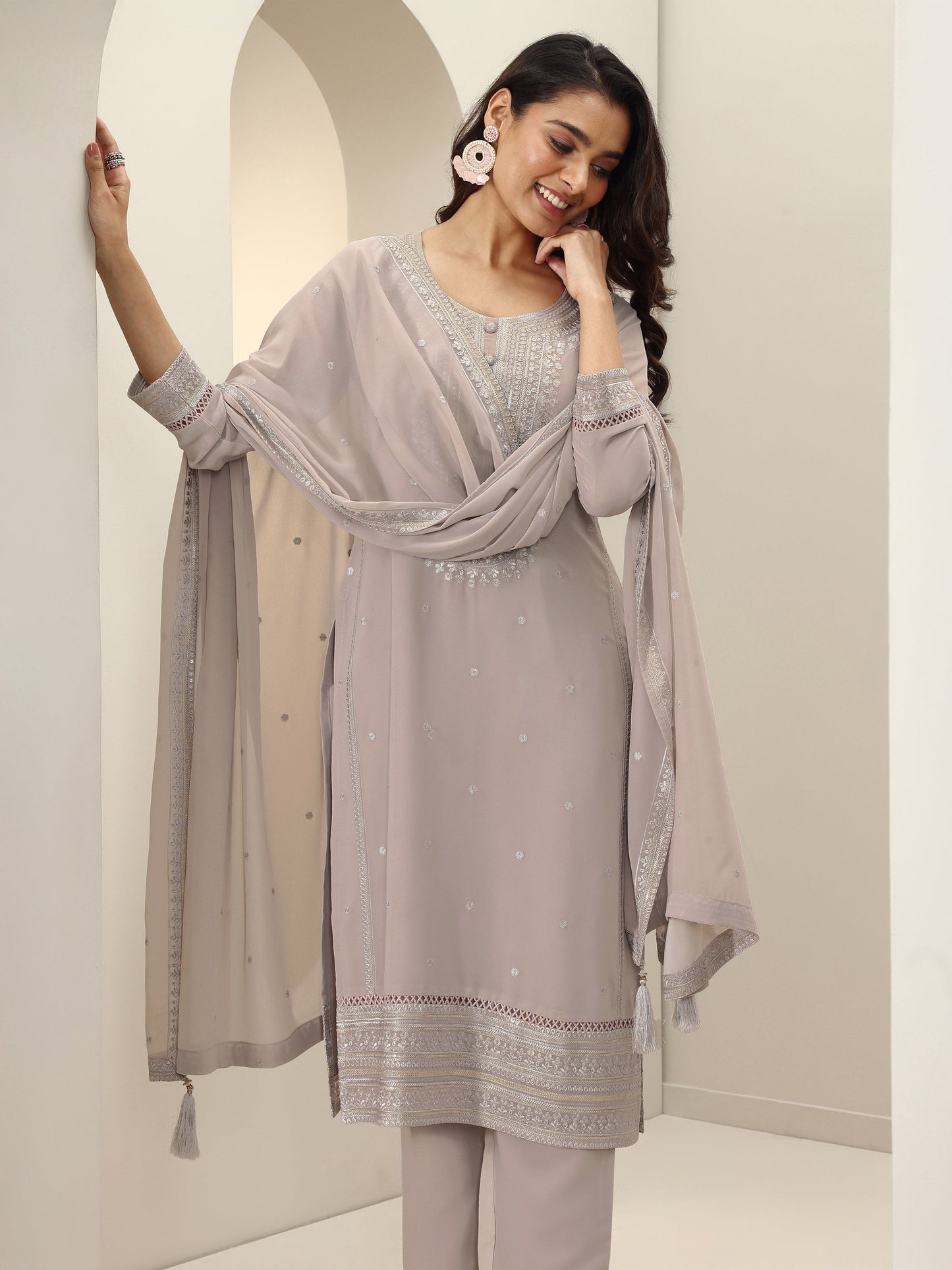 Grey Embroidered Georgette Straight Suit Sets With Dupatta
