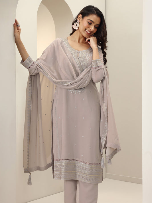 Grey Embroidered Georgette Straight Suit Sets With Dupatta