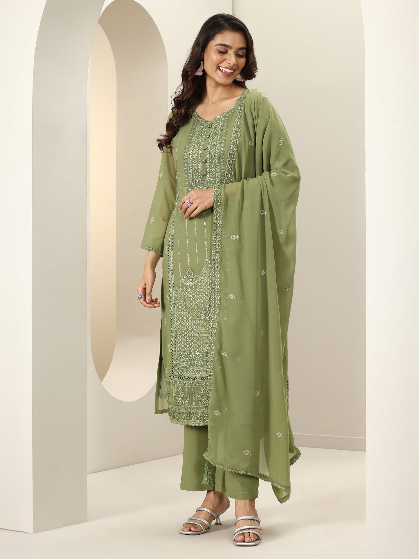 Green Embroidered Georgette Straight Suit Sets With Dupatta
