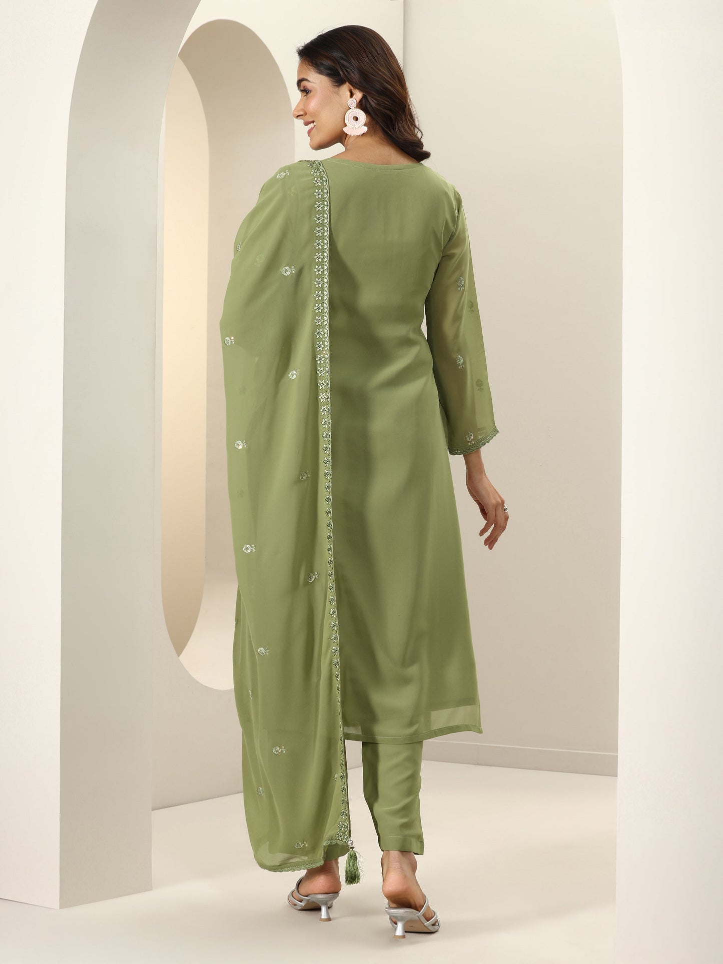 Green Embroidered Georgette Straight Suit Sets With Dupatta
